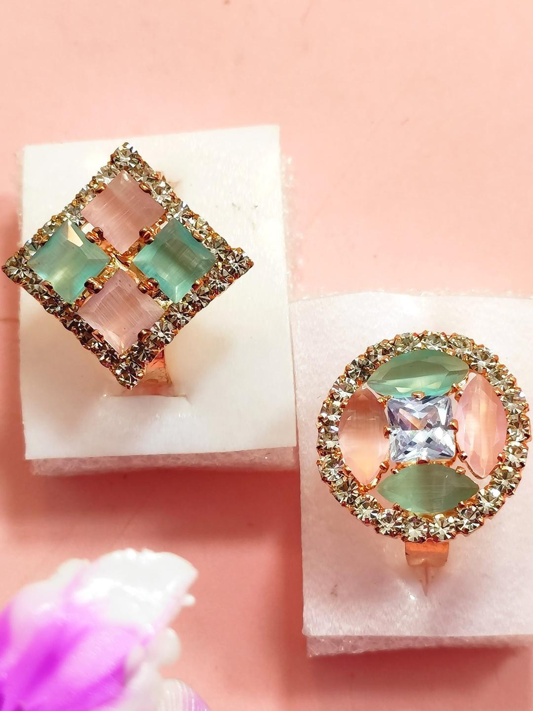 DIVYANSHI COLLECTION Set Of 2 Multicolour American Diamond Brass Ring Set