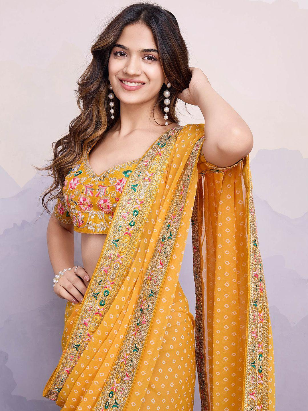 Peachmode Yellow Pure Georgette Printed Sarees
