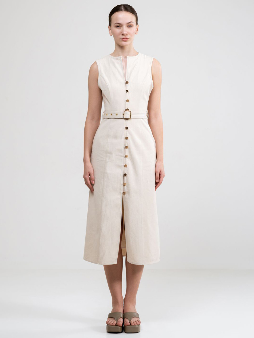 SOTBELLA Formal Belted Cotton Shirt Midi Dress
