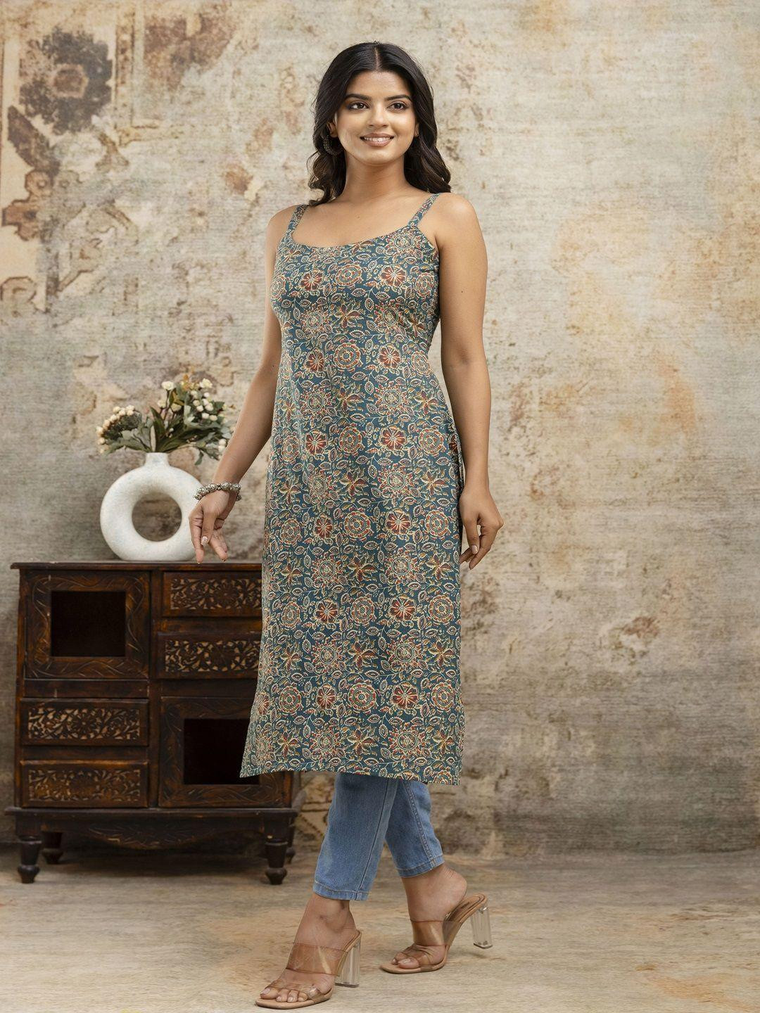 LABEL ADRIJA Women Pure Cotton Straight Sleeveless Square Neck Floral Print Kurtas
