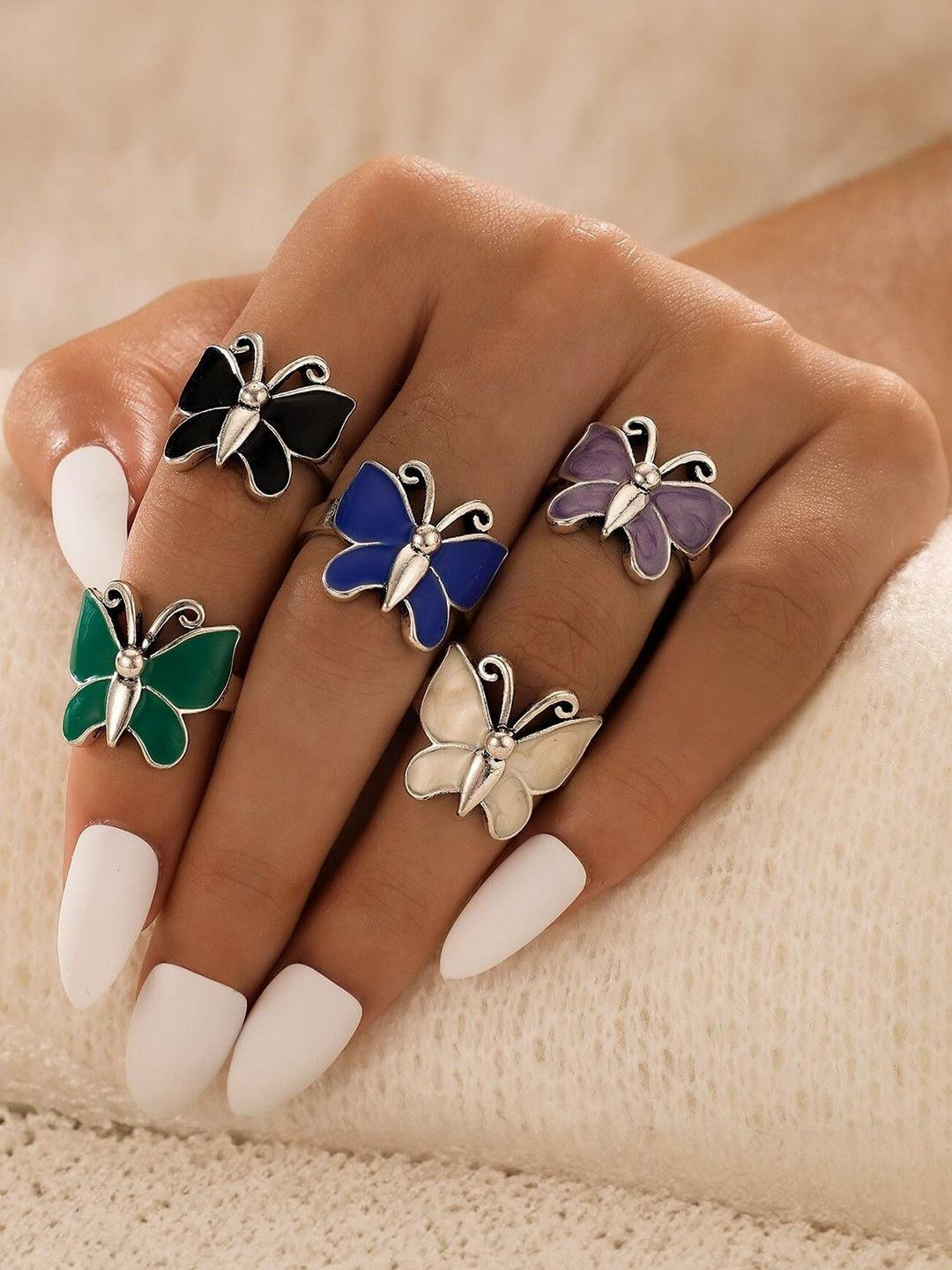 Arzonai 5 Pcs color dripping butterfly Ring set