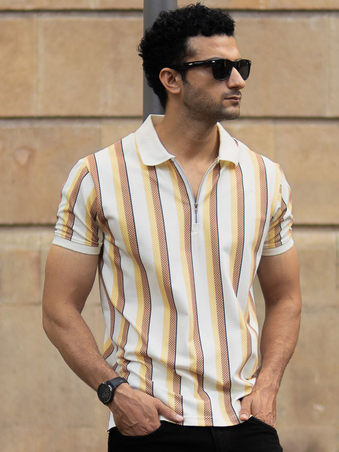 Powerlook Men Mustard Printed Stripe T-Shirt