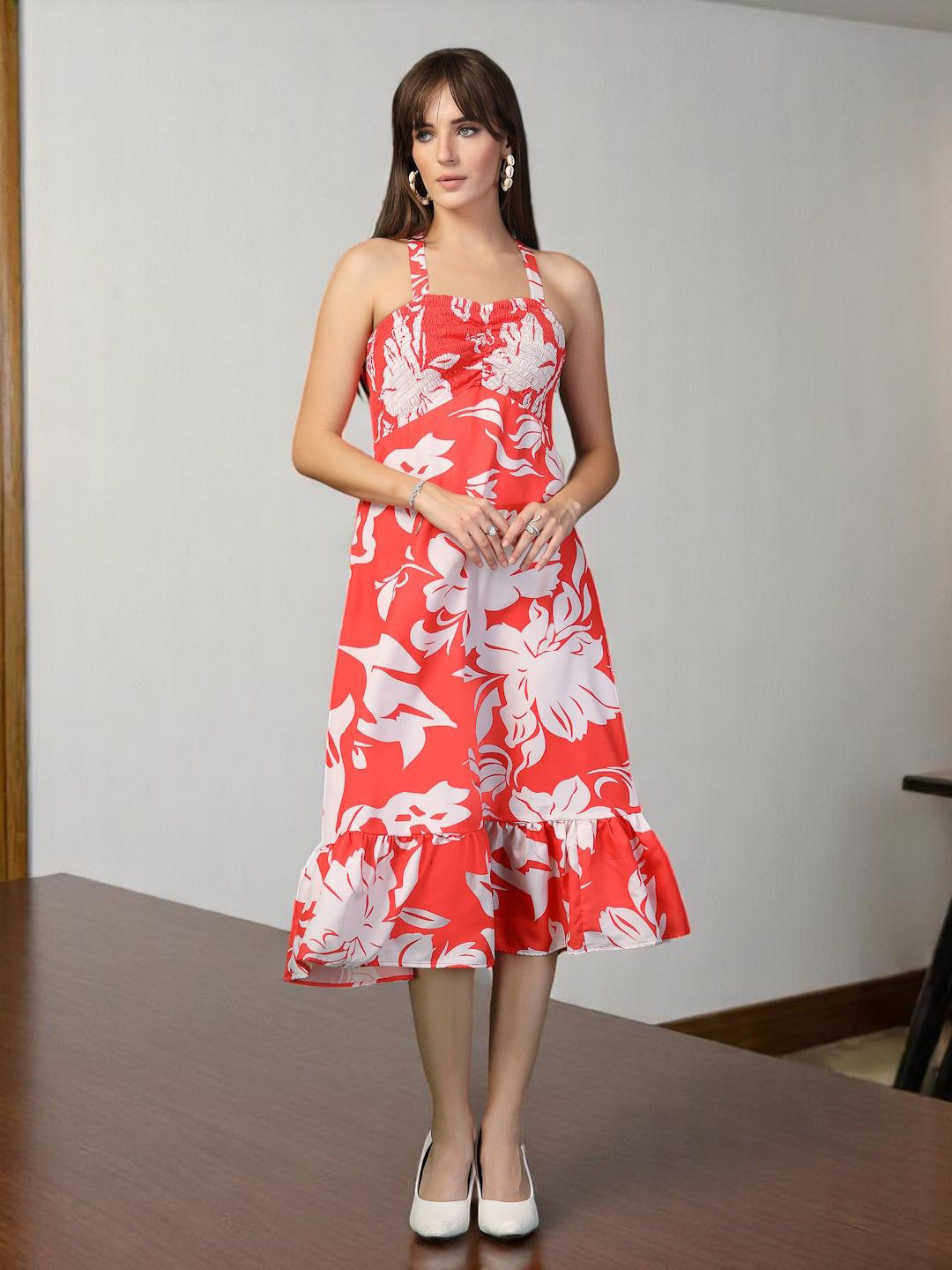 OOMPH! FACTOR Women Floral Printed Smocked A-Line Midi Dress