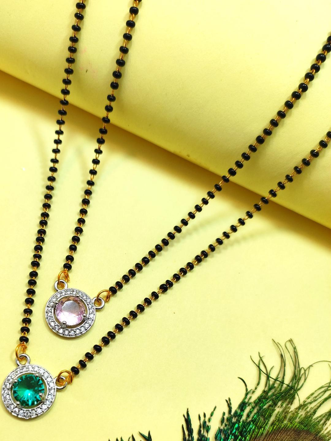DIVYANSHI COLLECTION Set Of 2 American Diamond Silver Plated Brass Mangalsutra