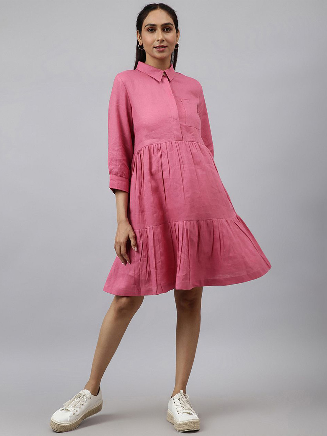Fabindia Women Shirt Collar Cuffed Sleeves Tiered Dress