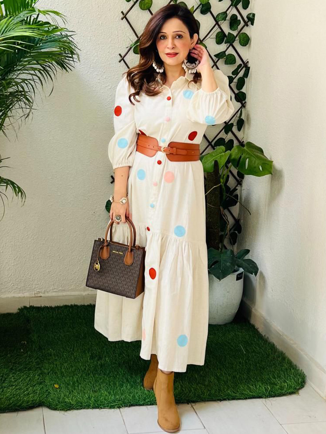 FFI Chandani Polka Dots Print Belted Tiered Shirt Maxi Dress