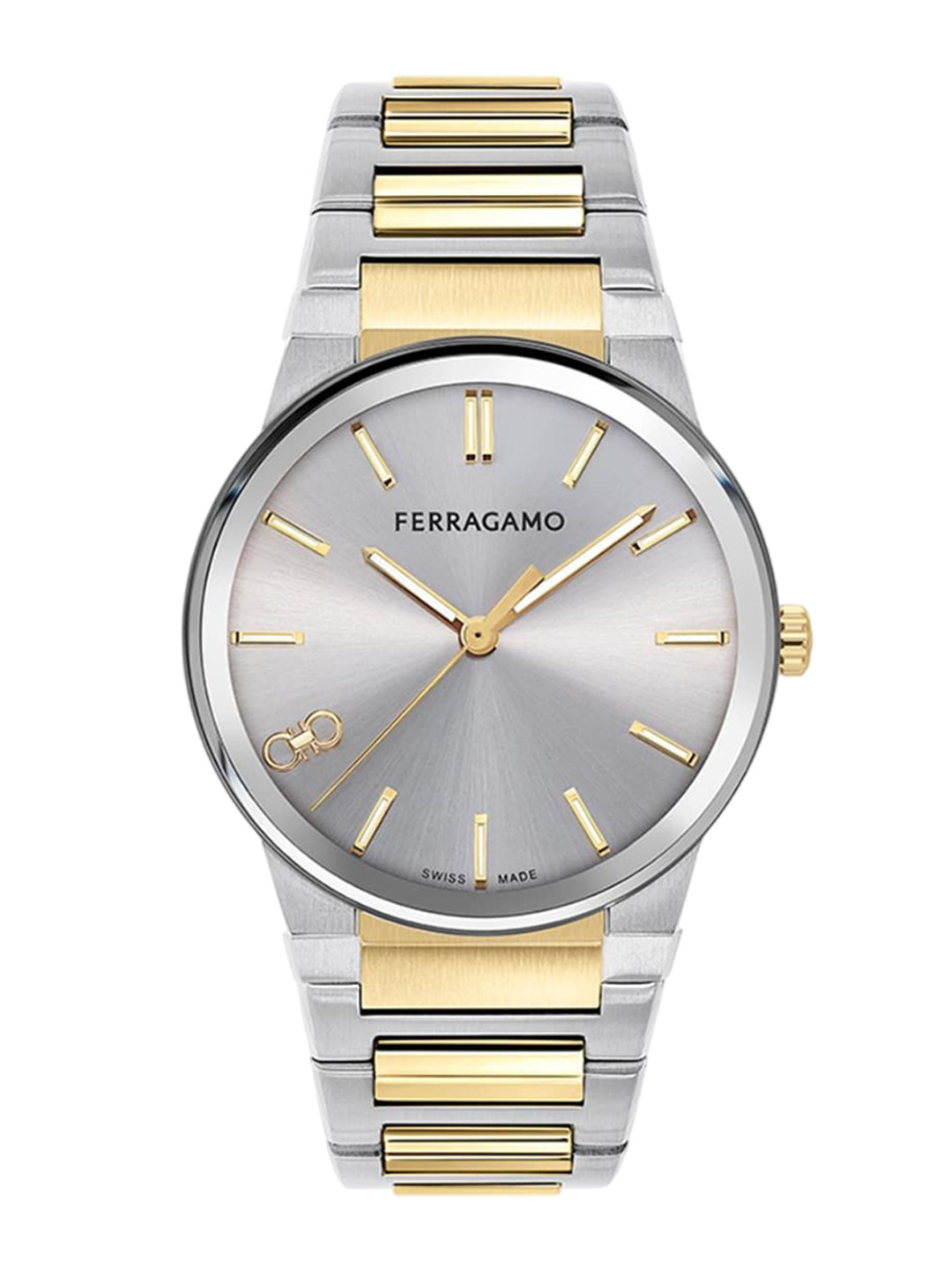 Ferragamo Men Brass Dial & Stainless Steel Bracelet Style Straps Analogue Watch SFST00424