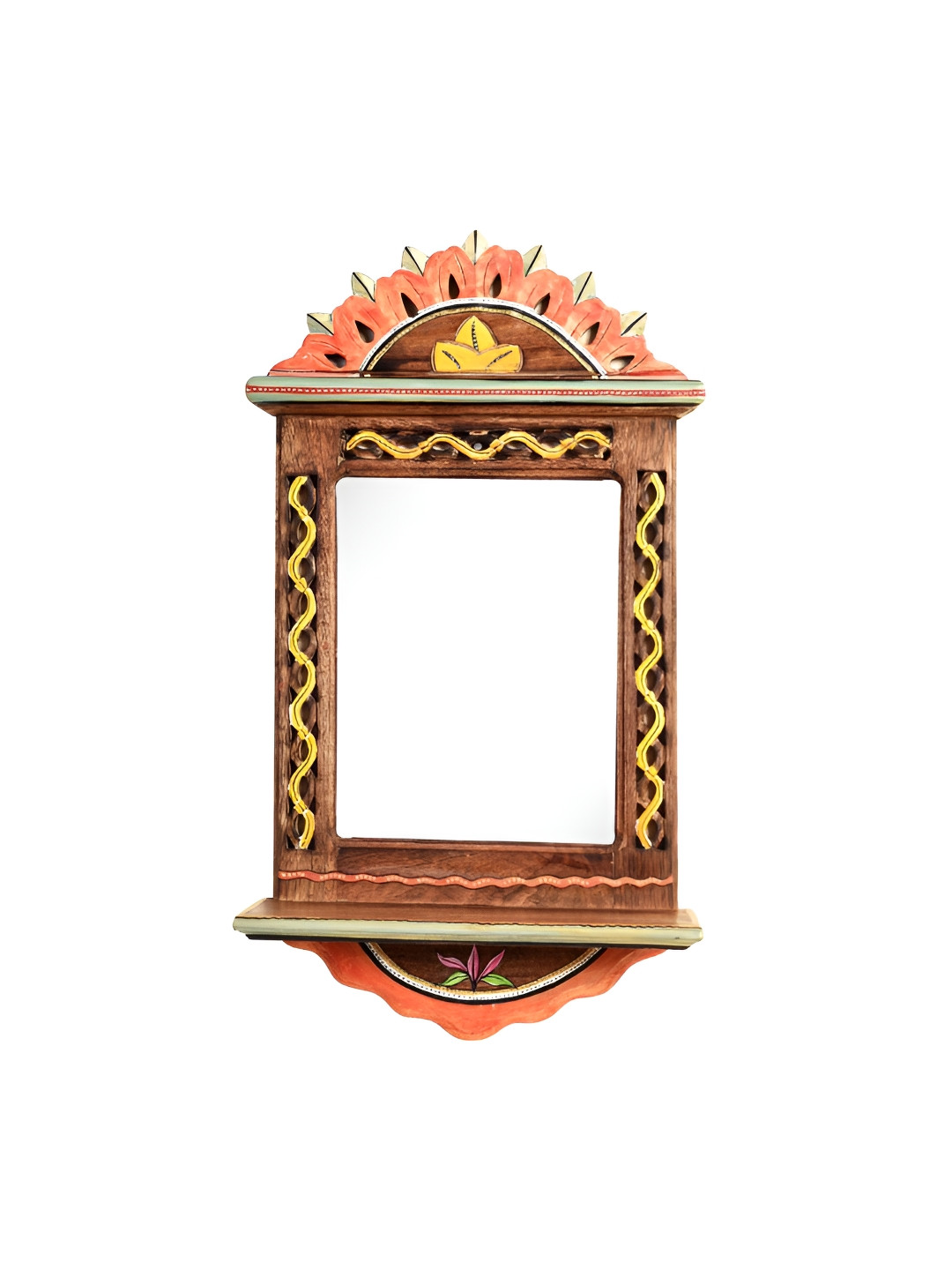 AAKRITI ART CREATIONS Apratim Brown & Yellow Mirror With Hand-Painted Carvings