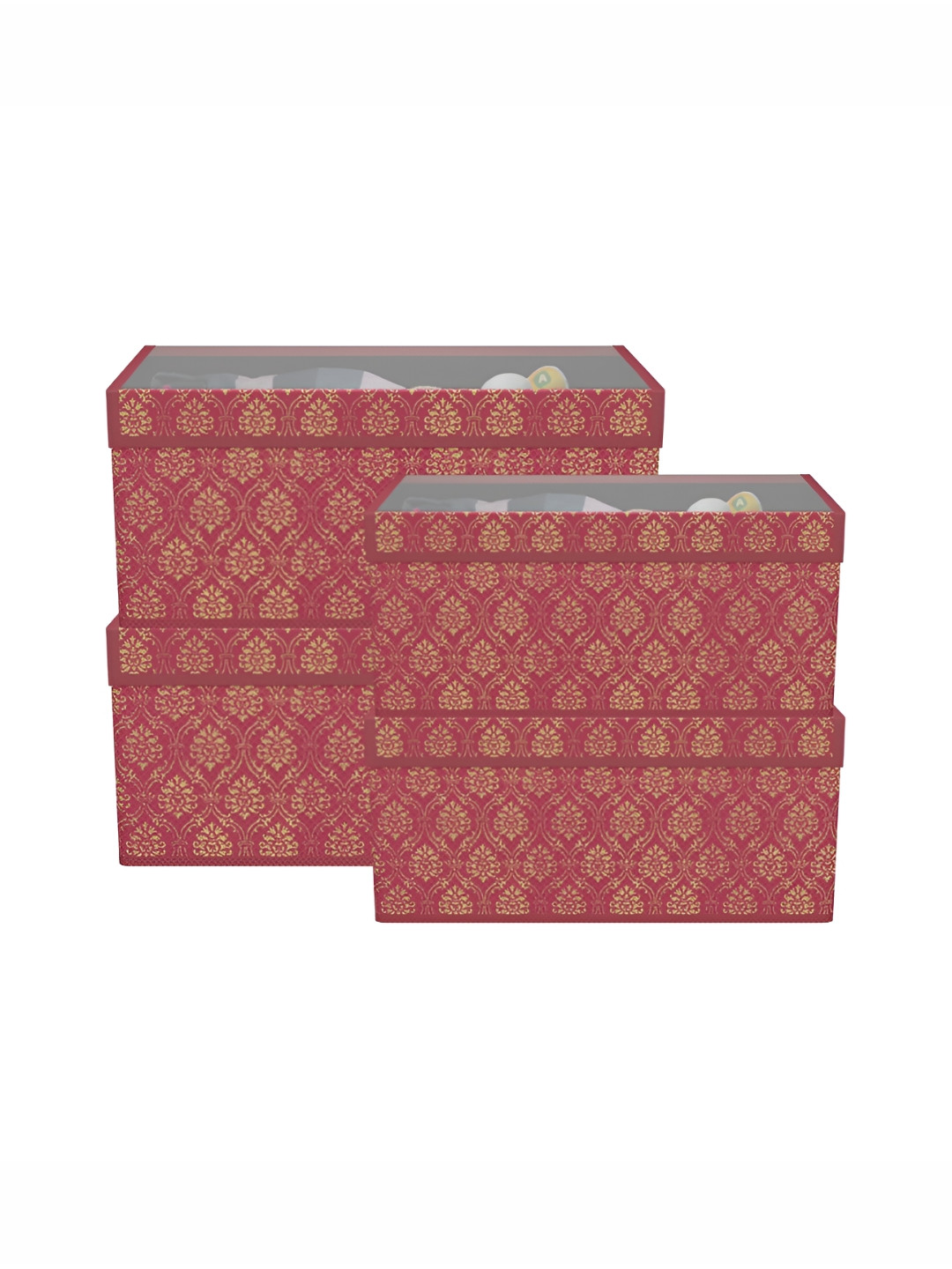 Aura 4 Pcs Maroon Storage Box Wardrobe Drawer Box with Transparent Lid
