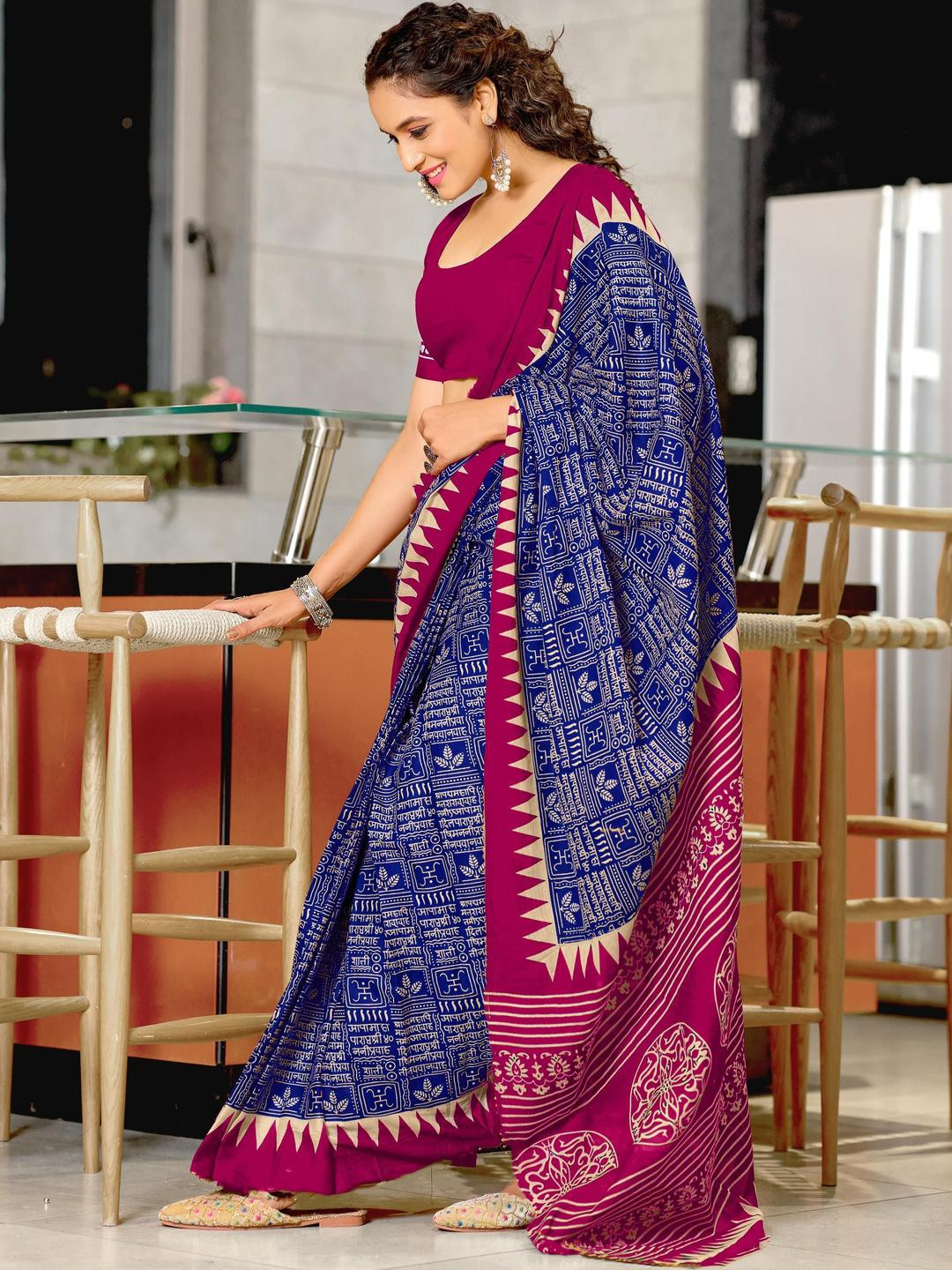 KALINI Blue Cotton Blend Printed Sarees