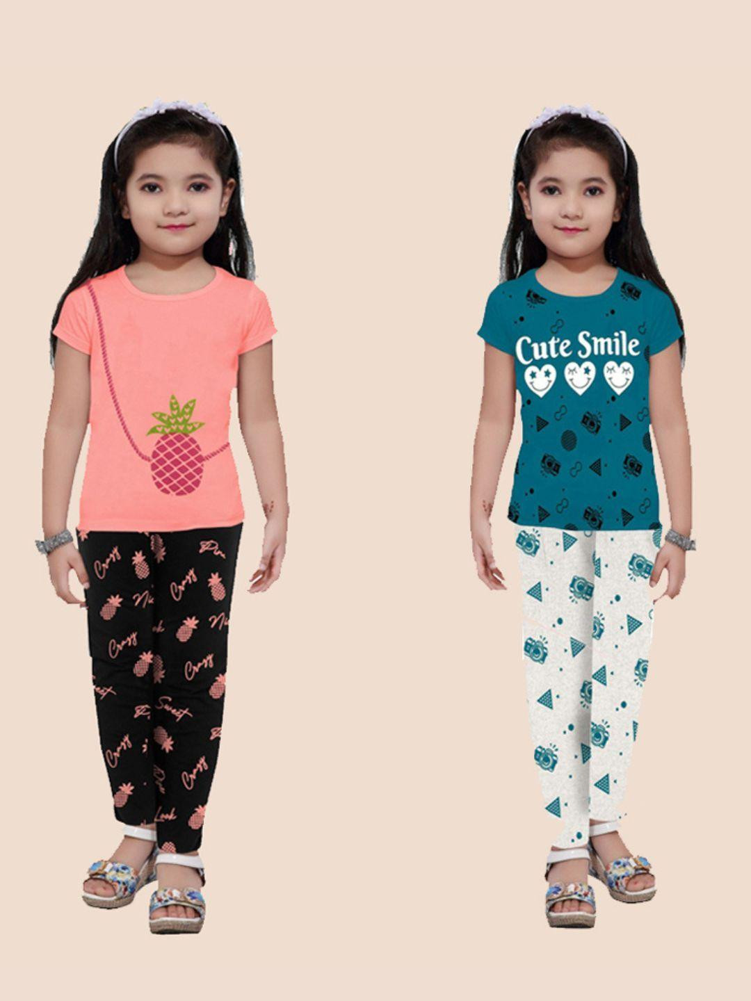 Veecap Girl's Pack of 2 Conversational Printed Mid-Rise Cotton Pyjama Set