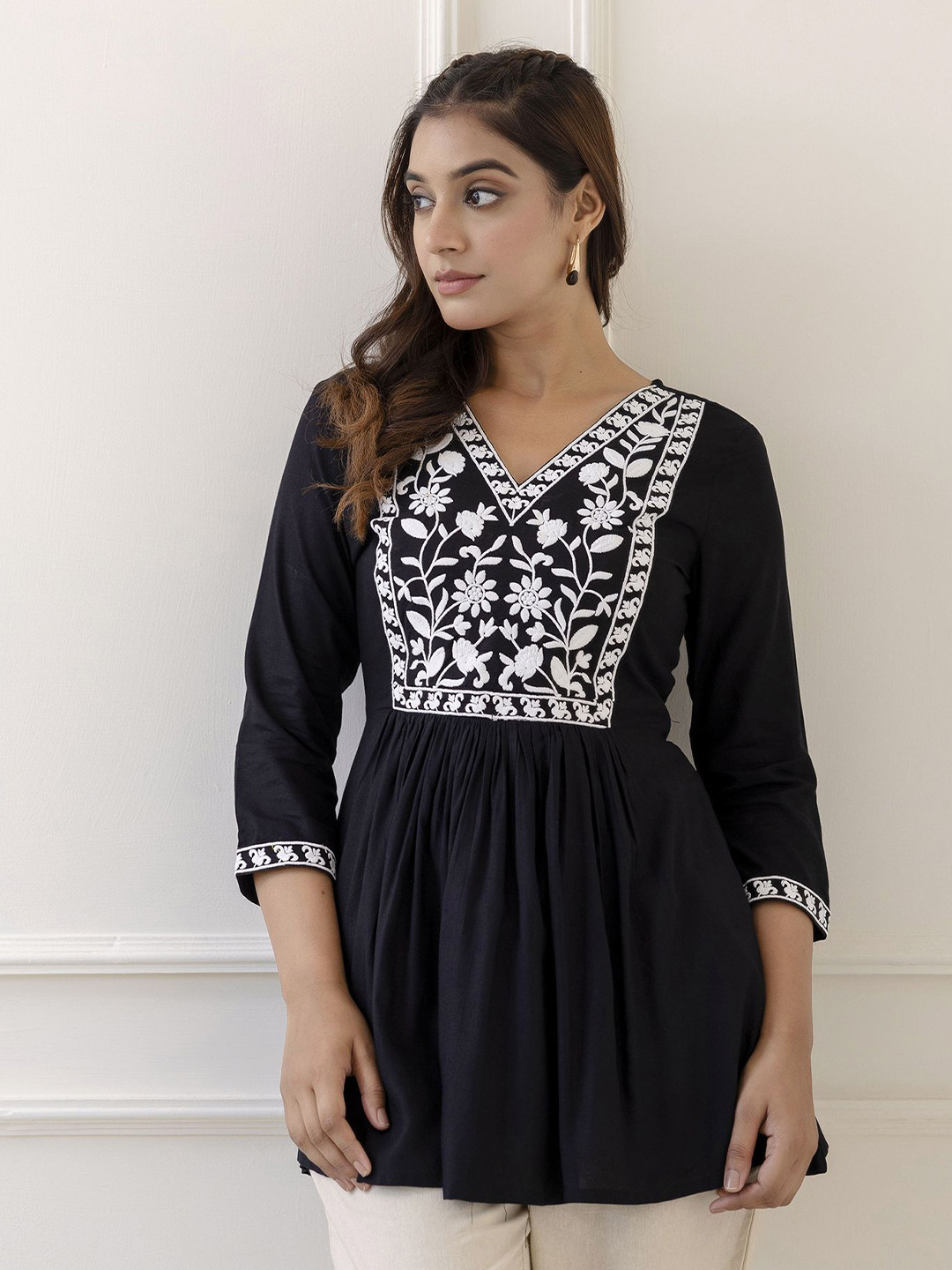 GULMOHAR JAIPUR Women V-Neck Embroidered Hip Length Top