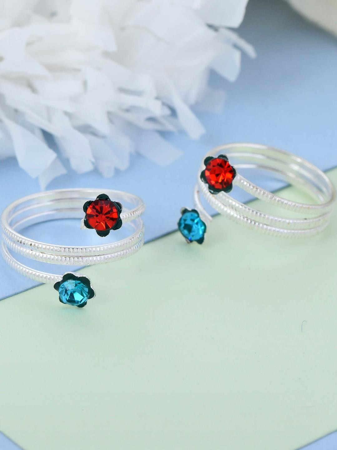 MEMOIR Silverplated Red & Blue CZ Bichiya Fashion Toerings Women