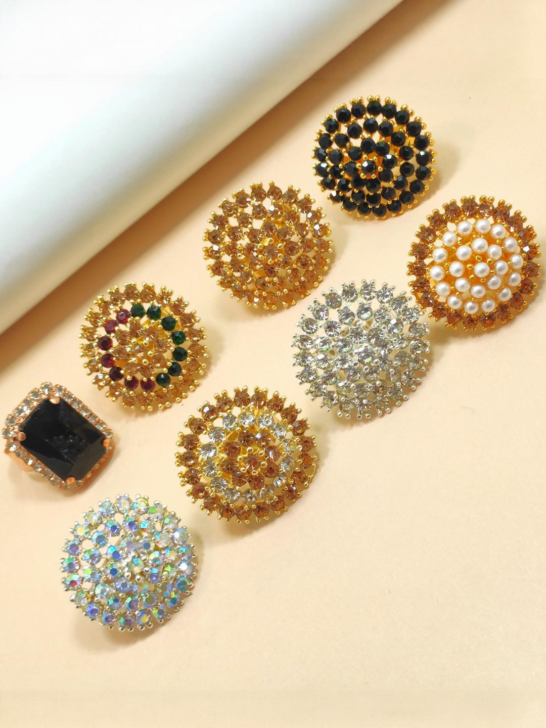 DIVYANSHI COLLECTION Pack Of 8 Multicolour Ad Brass Diamond Gold Silver Plated Ring Set