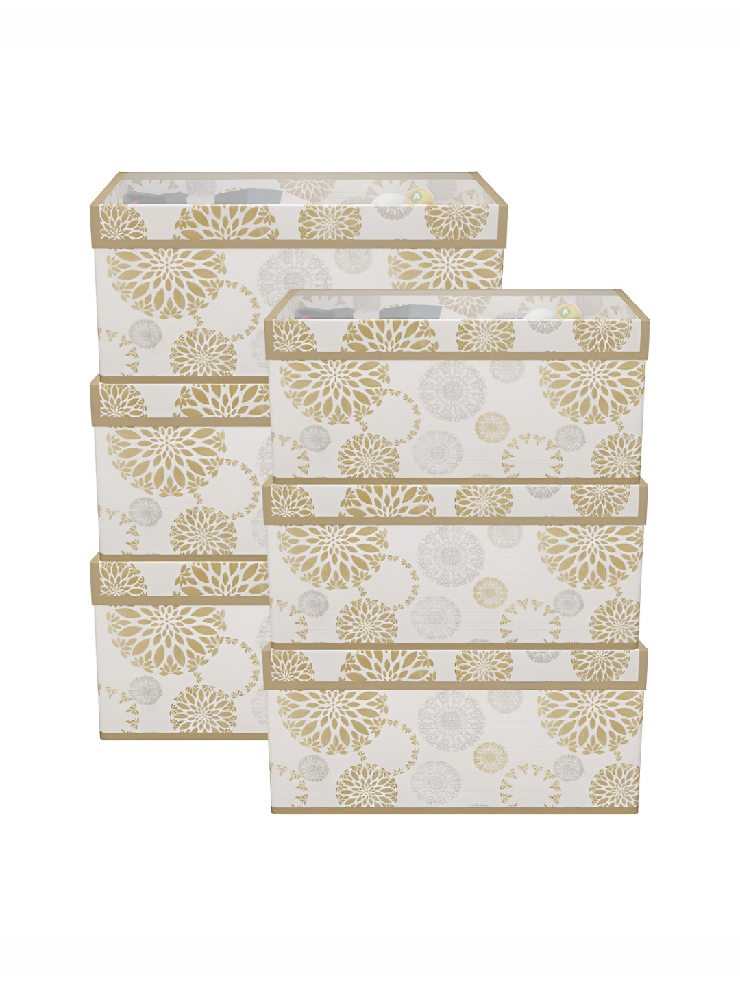 Aura Set of 6 White & Beige Foldable Storage Box Wardrobe Organiser & Transparent Lid