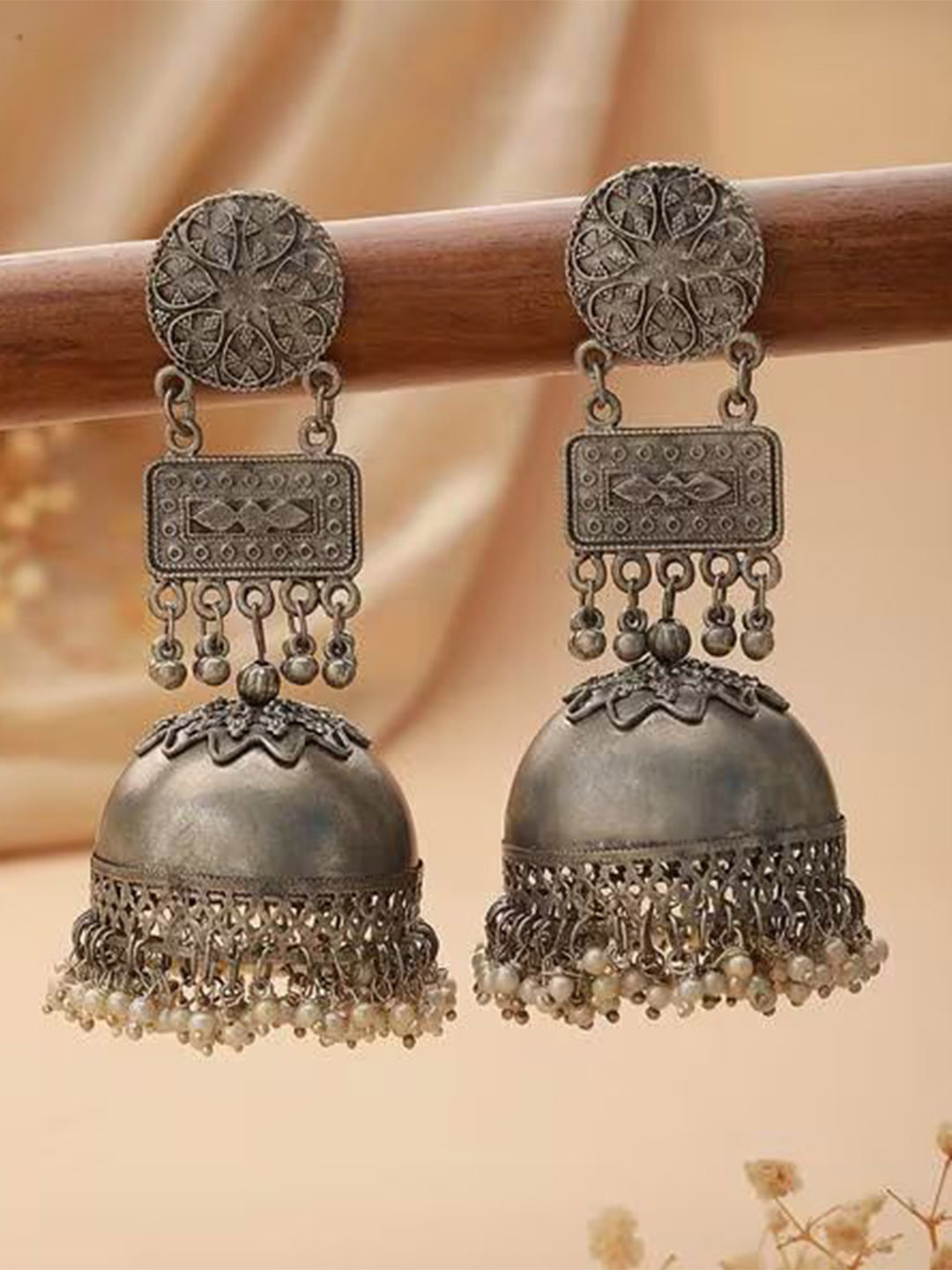 Honbon Stainless Steel Beads Beaded Oxidised Dome Shaped Jhumkas