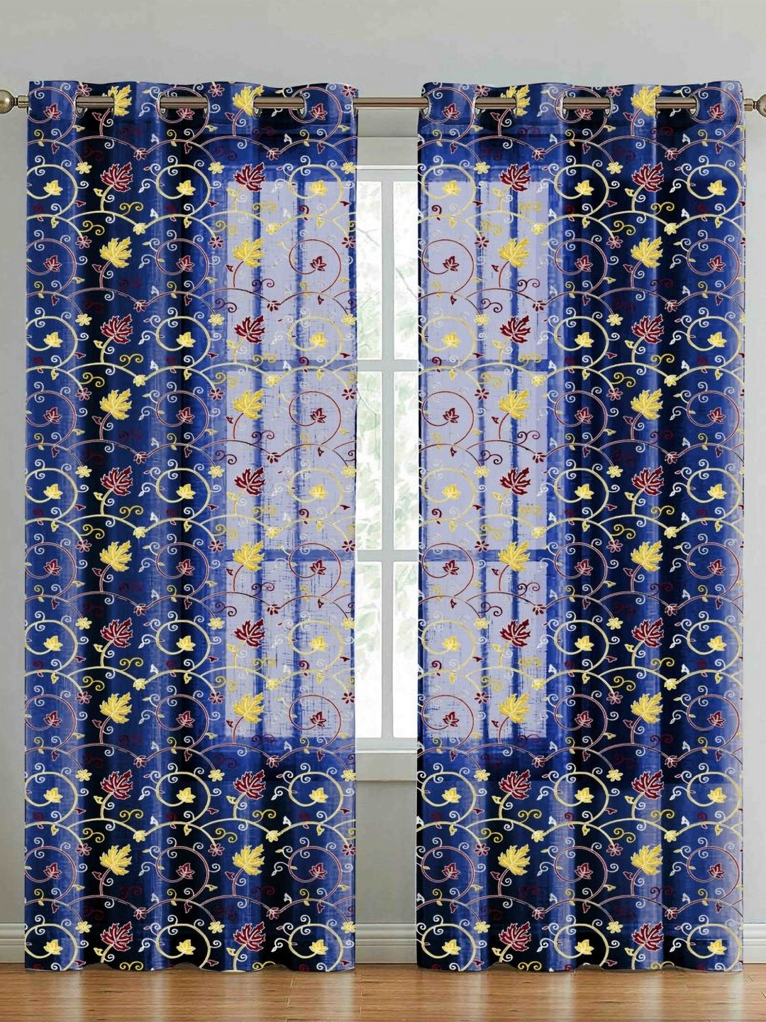 Aura Navy Blue & Yellow 2 Pieces Embroidered Sheer Long Door Curtain
