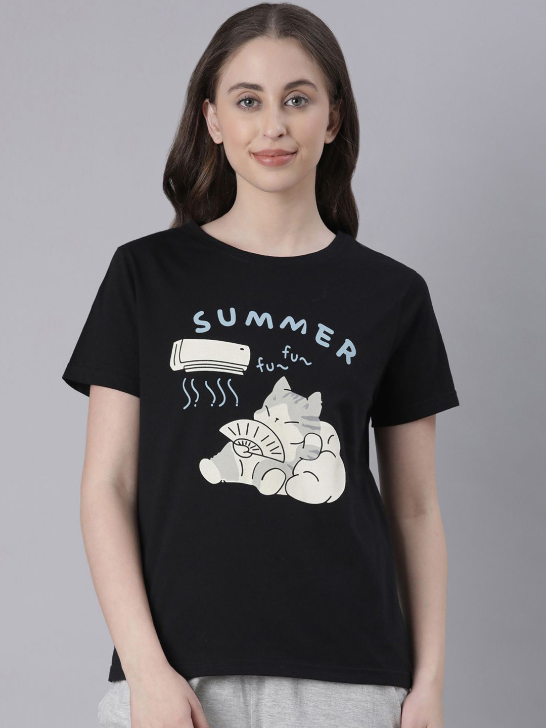 TWIN BIRDS Women Jet Black Cotton Printed Relaxed Fit Tee