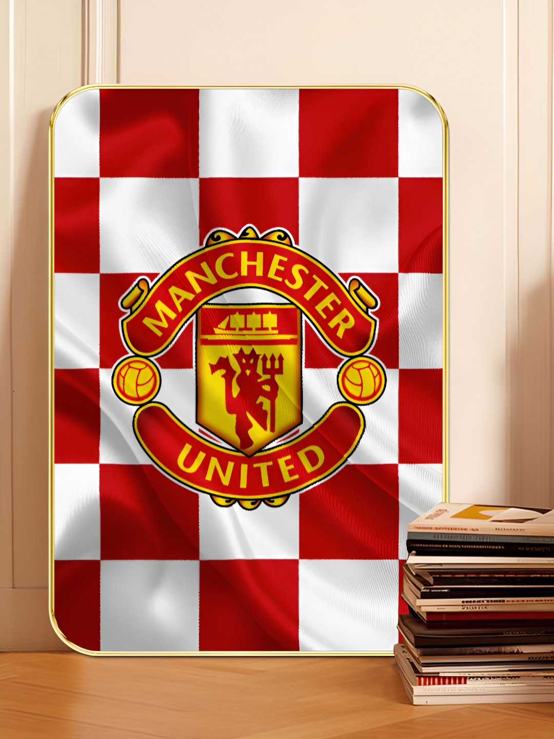 SAF Red & White Wooden Manchester United FC Checkered Logo Wall Art