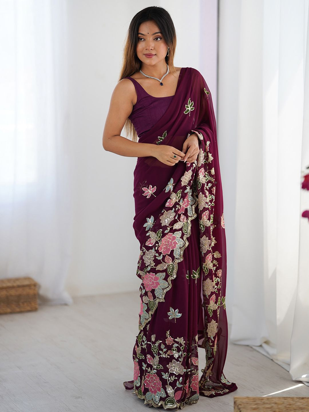 Sangria Sequin Embellished Party Wear Saree With Matching Blouse