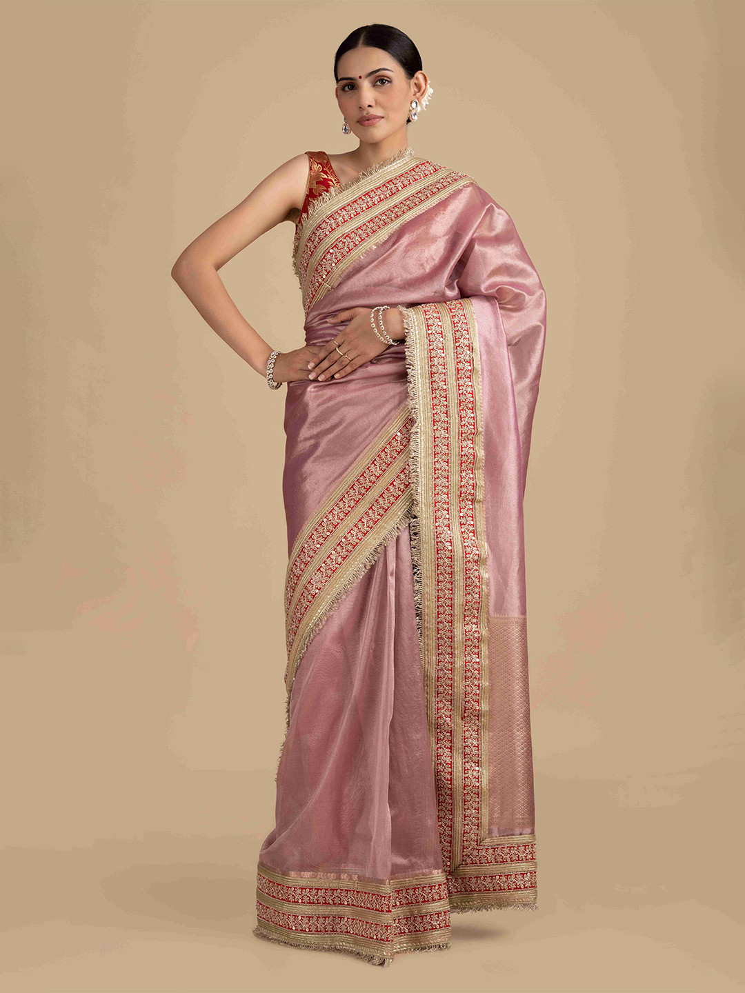 Zal from Benaras Women Sequinned Tissue Banarasi Handwork Saree