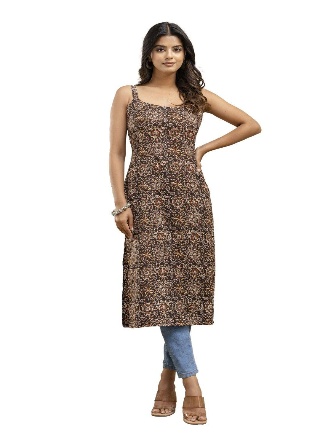 LABEL ADRIJA Women Pure Cotton Straight Sleeveless Square Neck Floral Print Kurtas