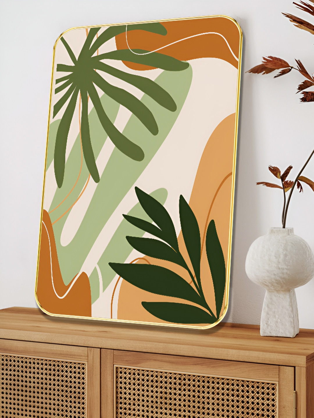 SAF Green & Brown Abstract Tropical Leaf Sparkle Lamination Wooden Wall Art