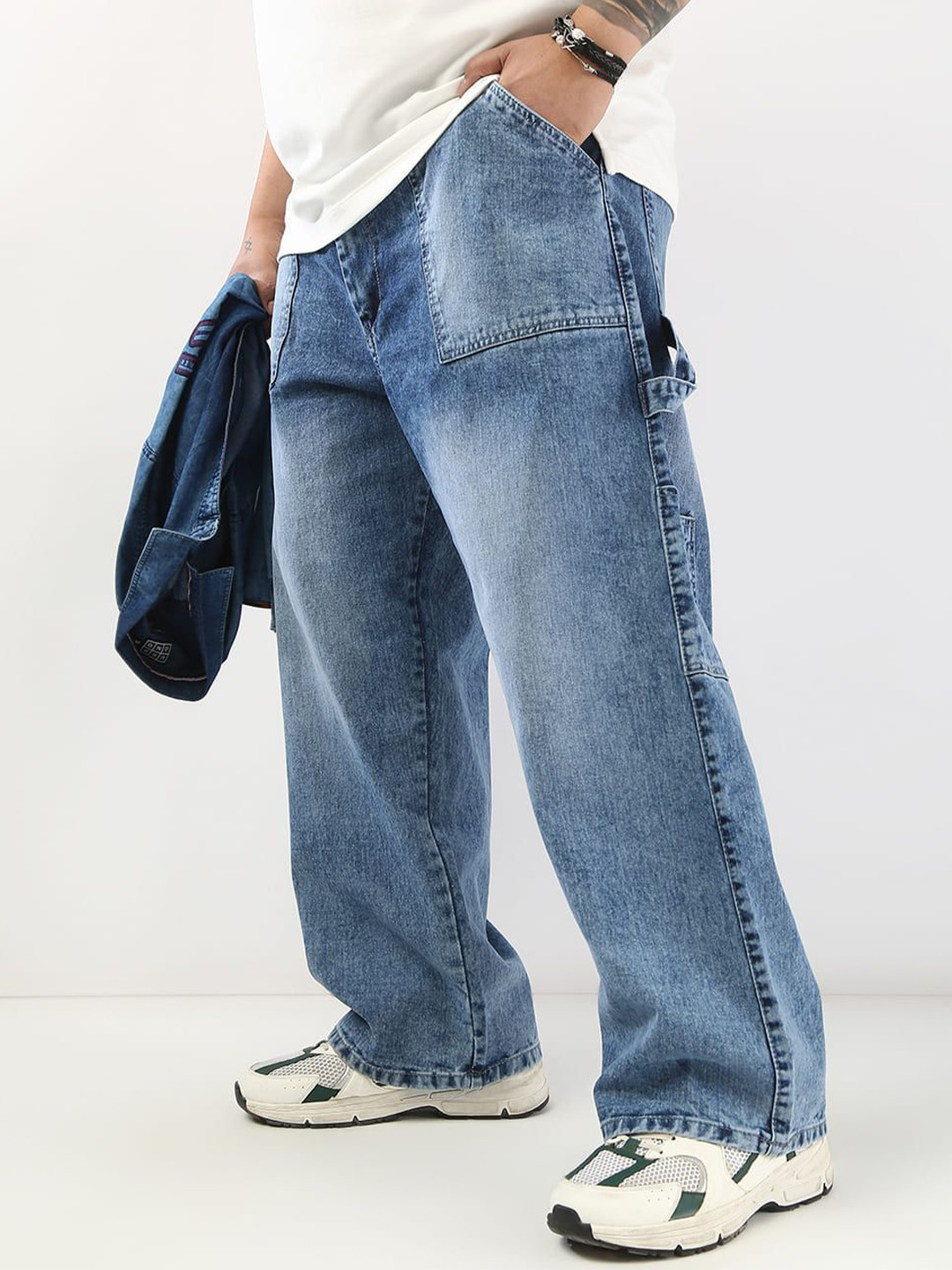 Urbano Plus Men Light Blue Loose Baggy Fit Carpenter Cargo Jeans