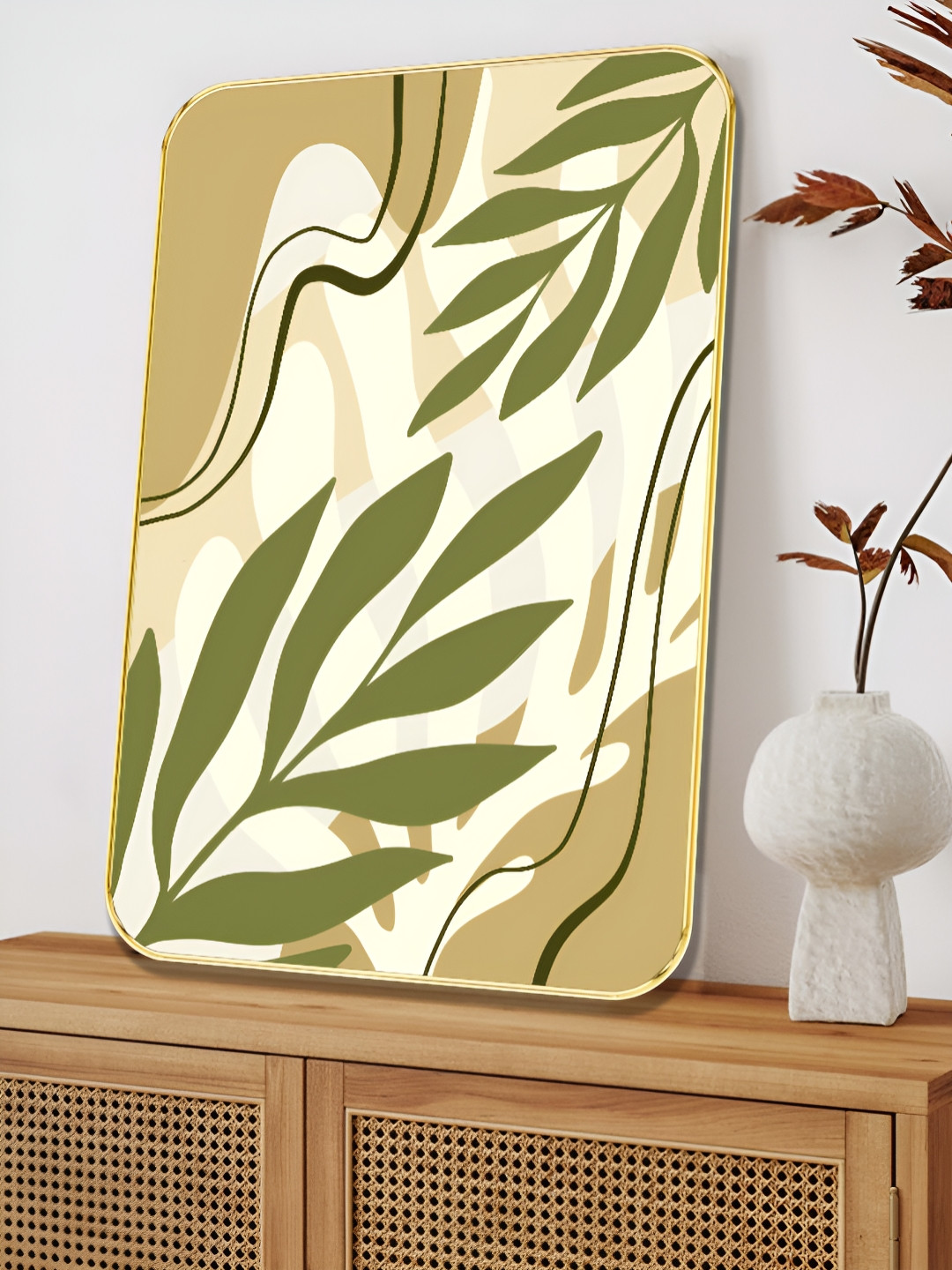 SAF White & Green Minimalist Tropical Leaf Sparkle Lamination Wooden Wall Art