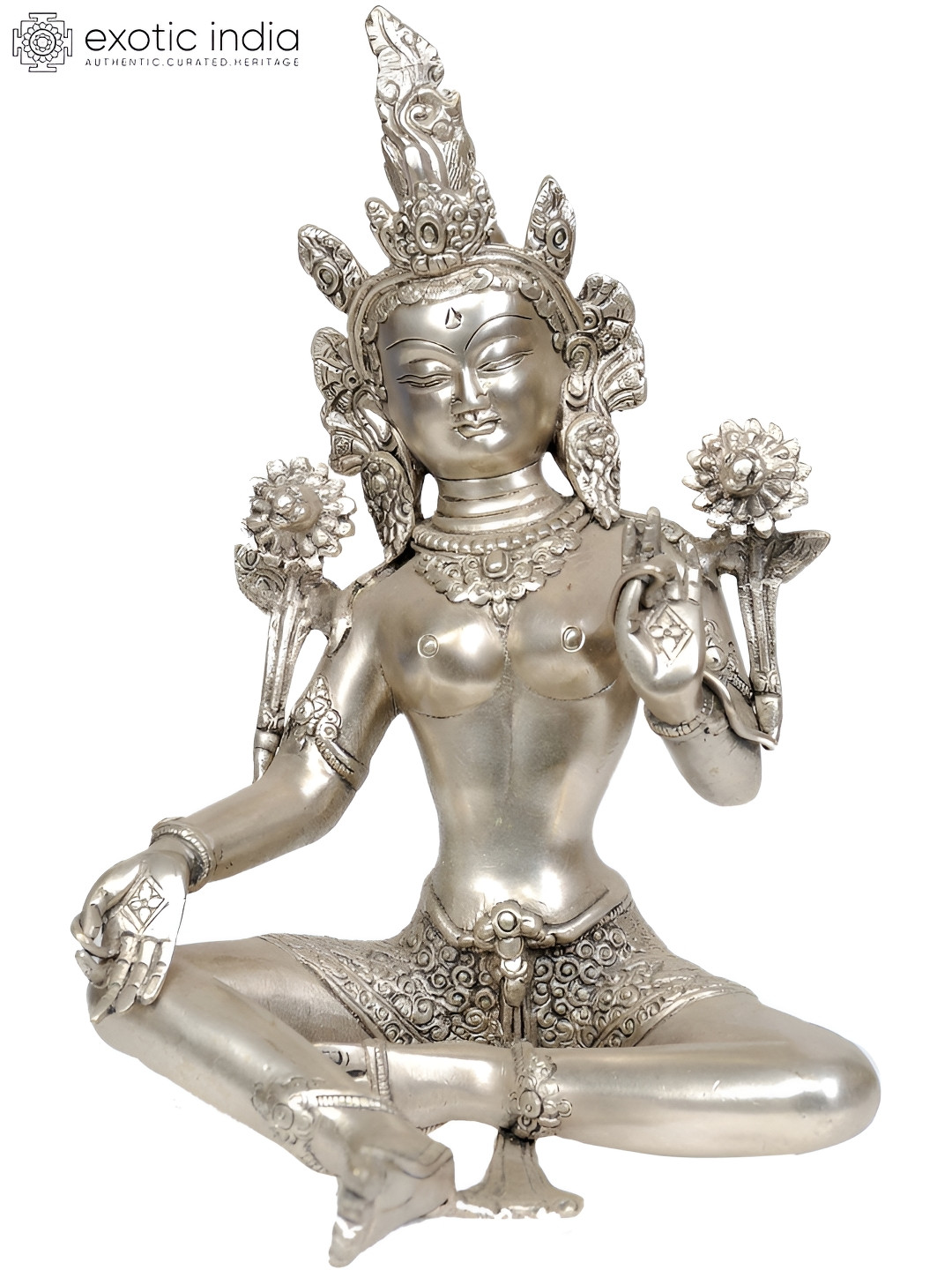 Exotic India Silver-Toned Goddes Tara Brass Idol Showpiece