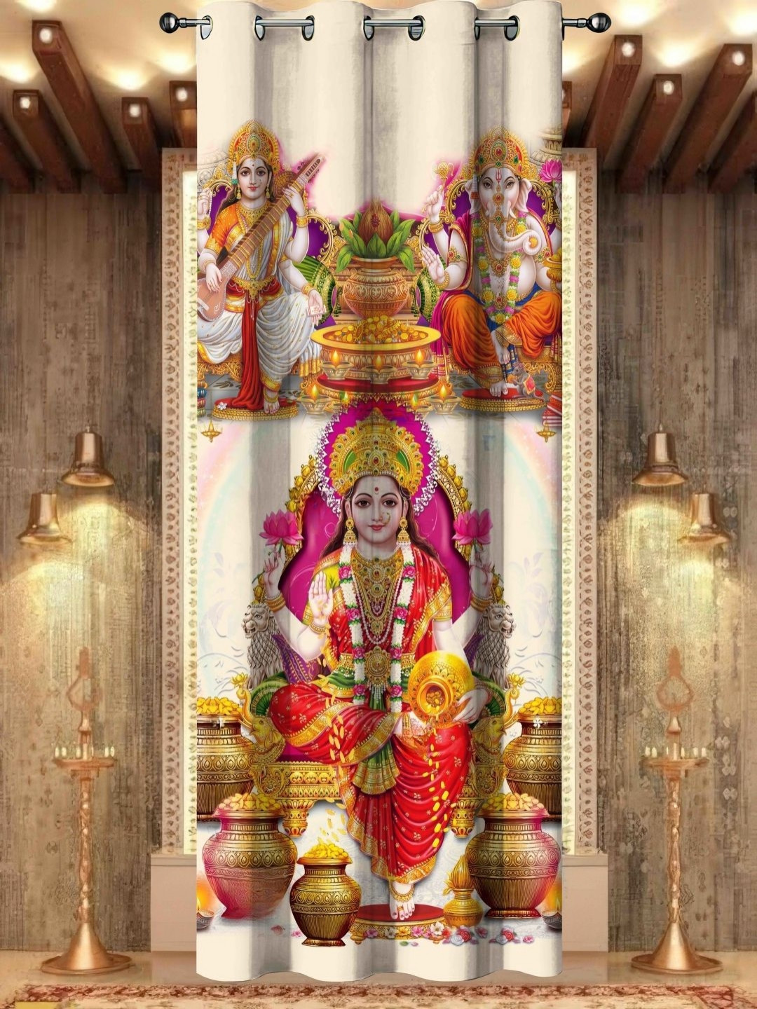 Aura Beige & Red Ethnic Motifs Religious God Bhagwan Temple Printed Door Curtain