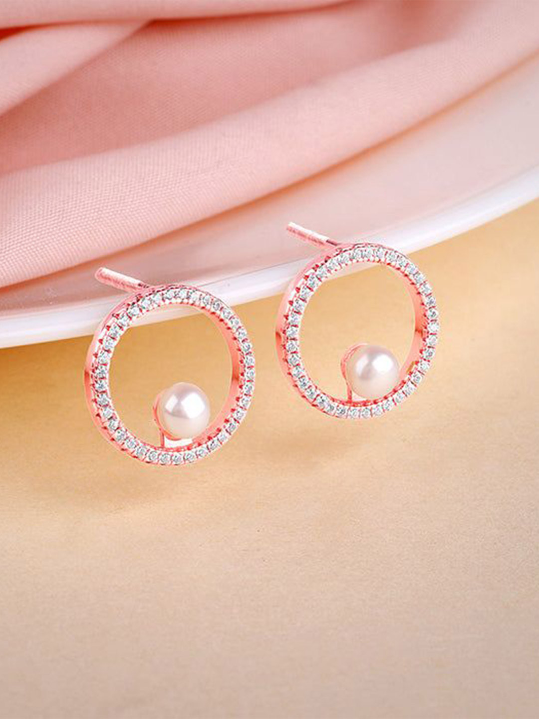 GIVA 92.5 Silver Rose Gold-Plated Pearl Halo Circular Studs Earrings