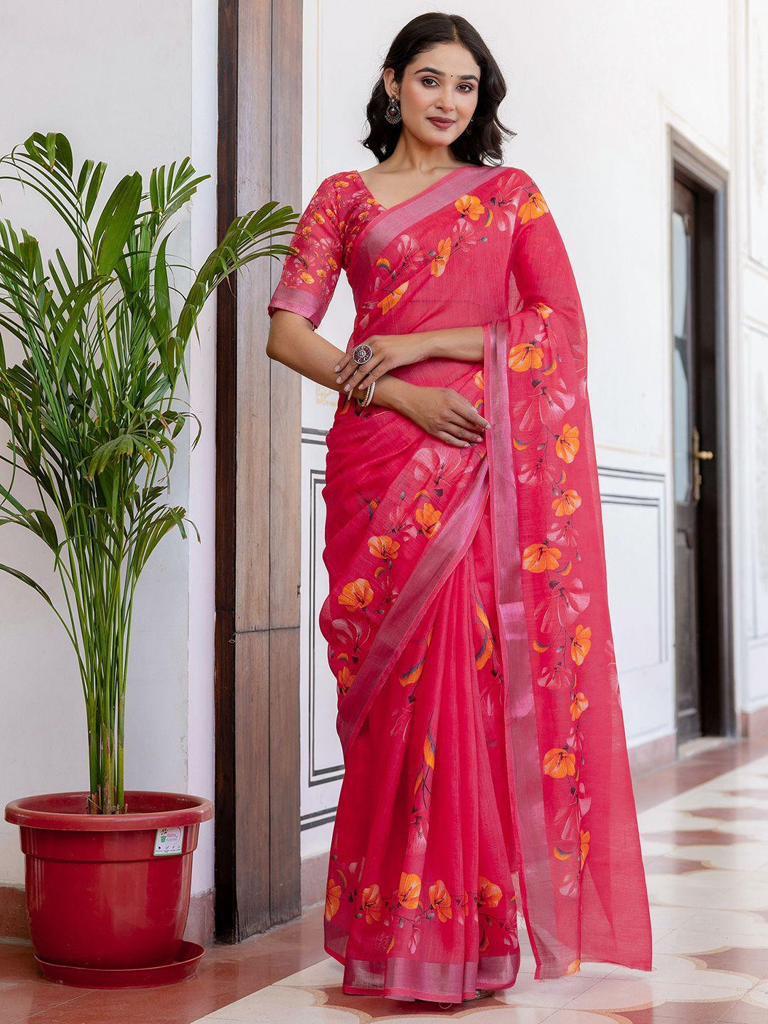 KALINI Pink Linen Blend Printed Sarees