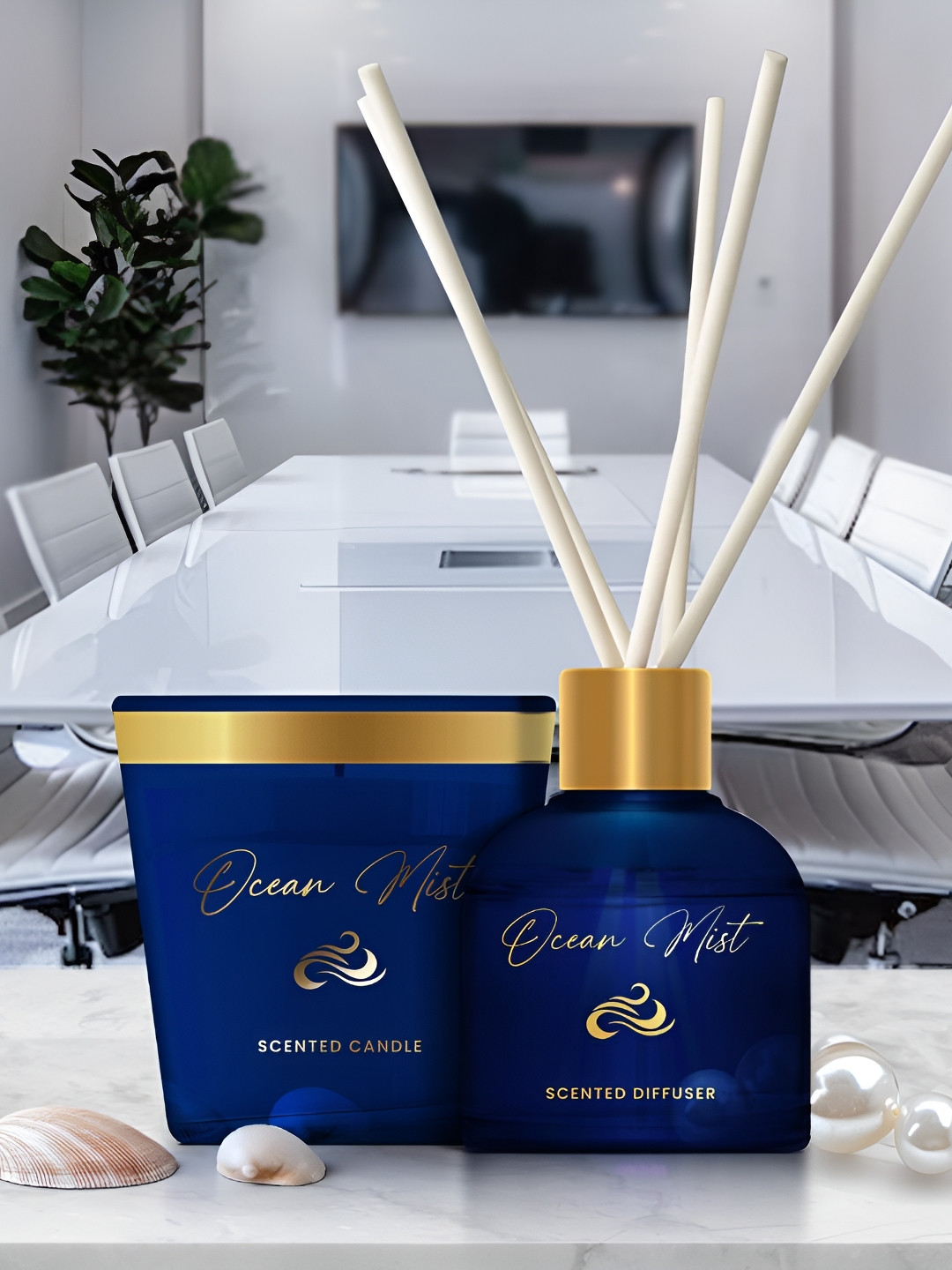 Pan Aromas Oriental Ocean Mist 2Pcs Blue & White Reed Diffuser & Scented Candle Gift Set