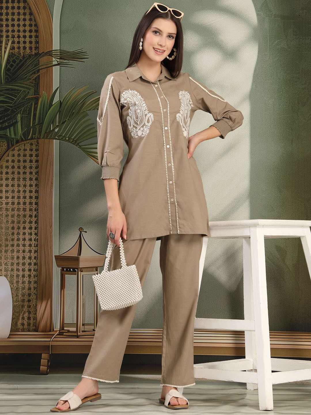 Nayam By Lakshita Women Solid Embroidered Straight Cotton Kurta & Palazzo Set