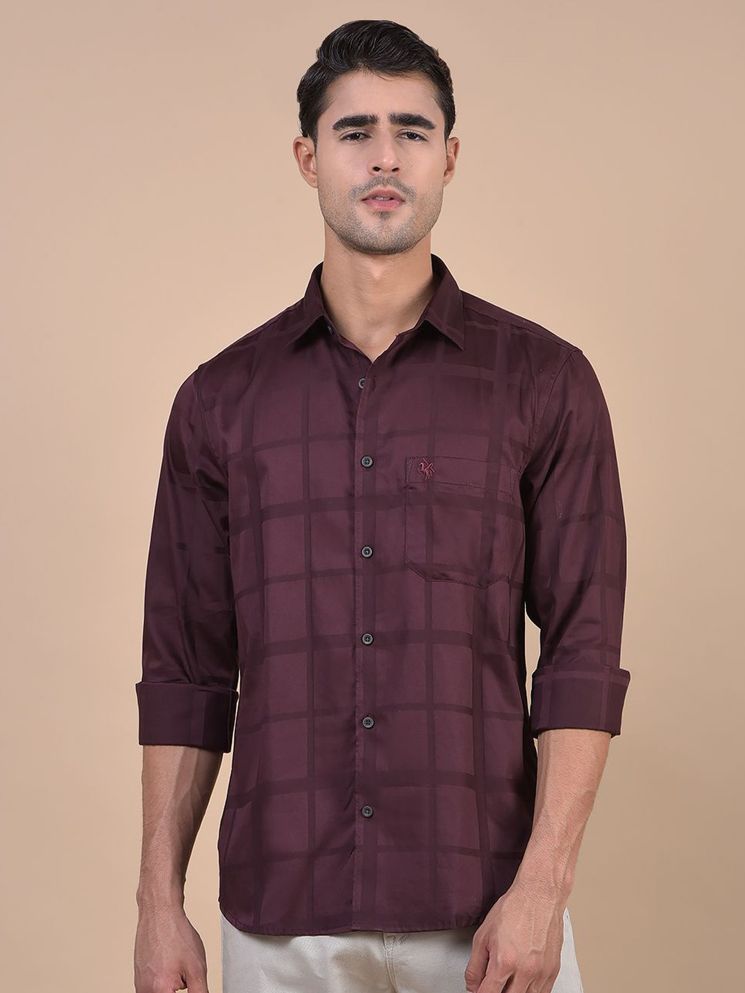 Cantabil Men Comfort Windowpane Checks Checked Chest Pocket Spread Collar Casual Shirt
