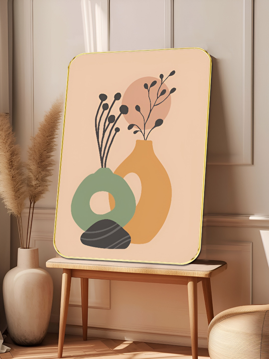 SAF Pink & Green Modern Abstract Vase Wooden Wall Art