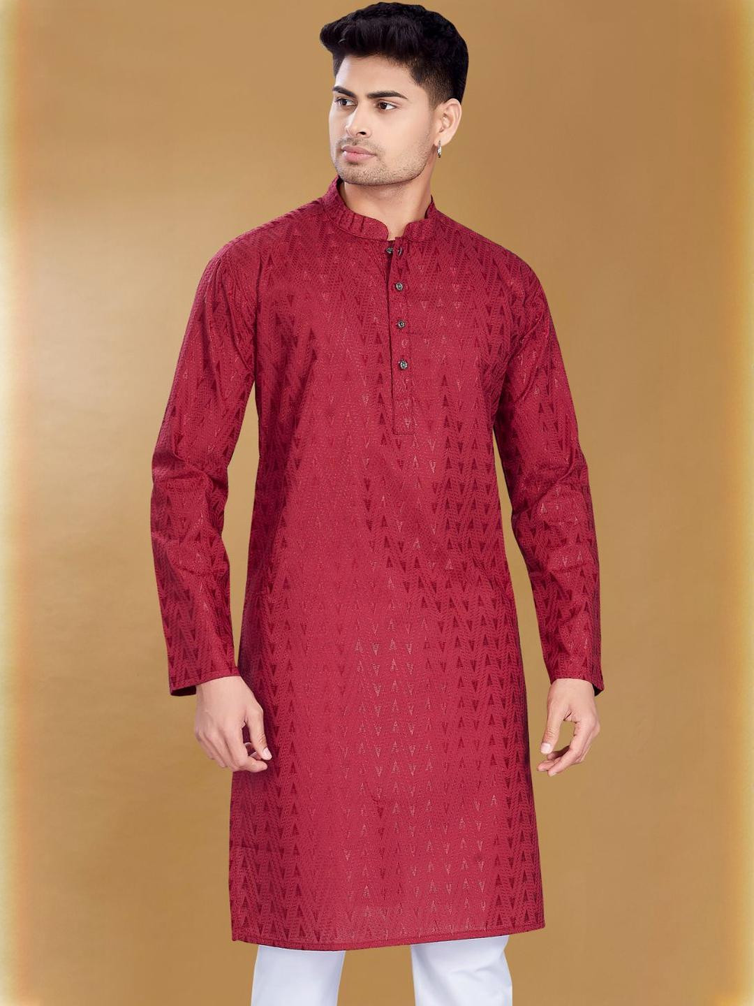 PulseIQ Men Geometric Embroidered Chikankari Kurta