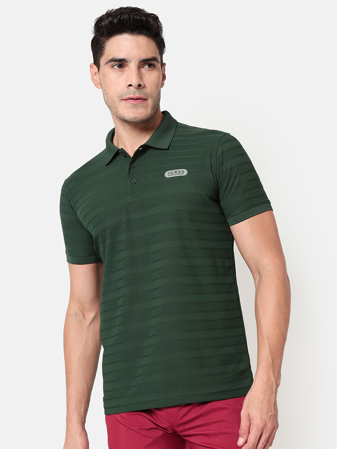 OLWEN Men Brand Logo Striped Polo Collar T-shirt