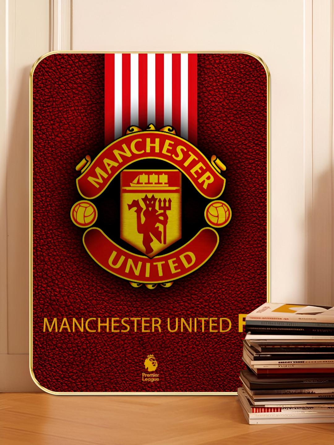 SAF Maroon & White Manchester United FC Leather Textured Logo Wooden Wall Art