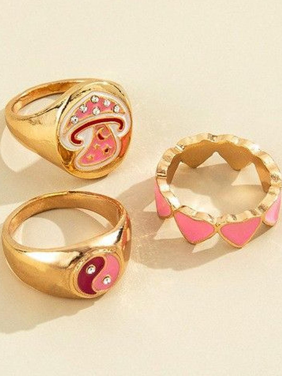 Arzonai Set of 3 Pink Heart Mushroom Yin Yang Rings Set