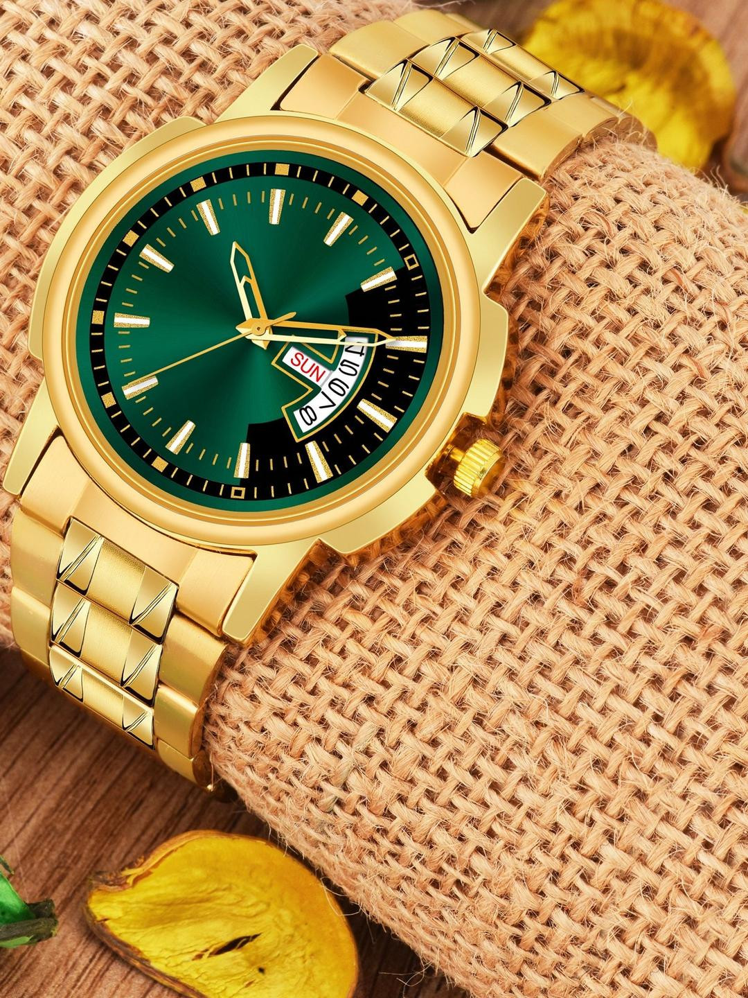 SZN Men Patterned Black Dial & Gold Stainless Steel Straps Analogue Watch