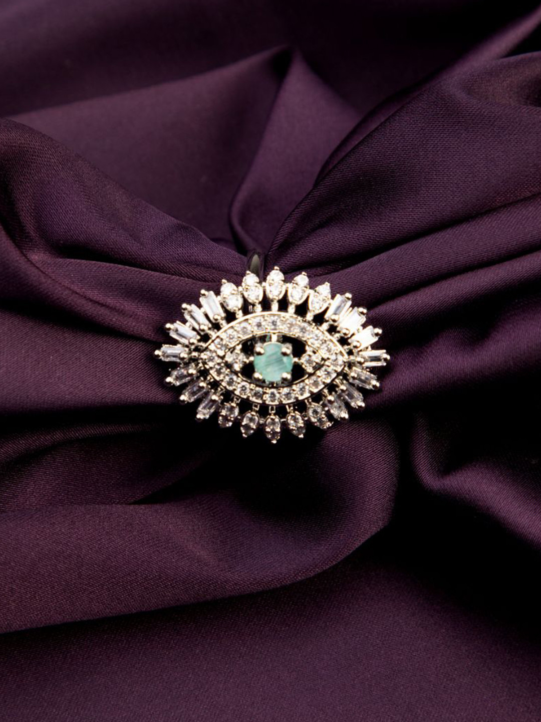 LA FILLE D'OR Women Silver-Plated Cubic Zirconia Studded Adjustable Finger Ring