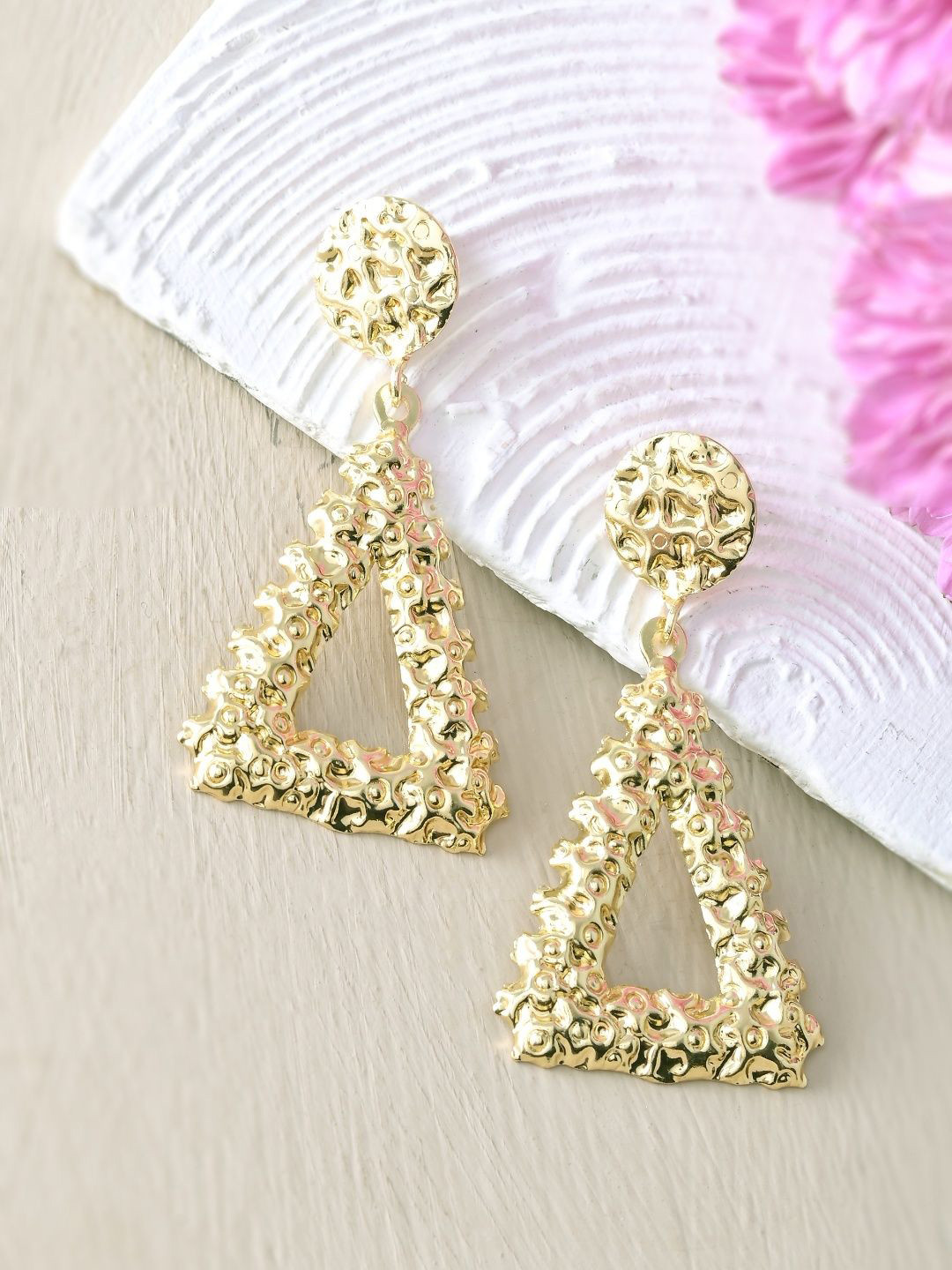 SUNBURST Gold-Plated Triangular Shaped Textured Drop Earrings