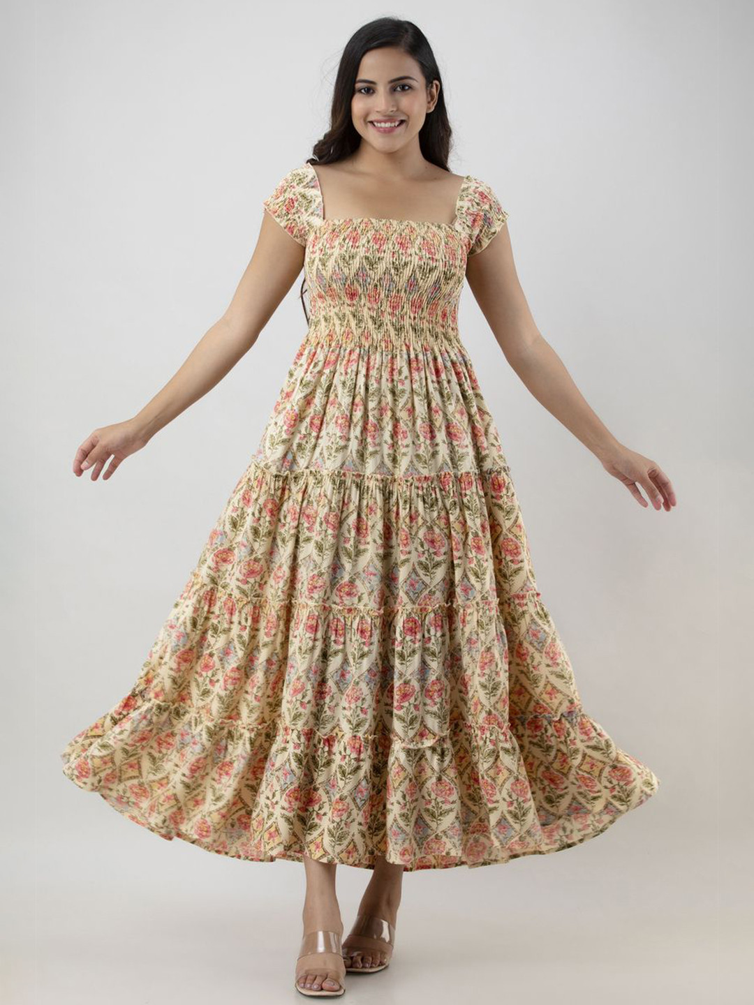 Aawari Women Floral Printed Square Neck Smocked Detail Fit and Flare Tiered Maxi Dress