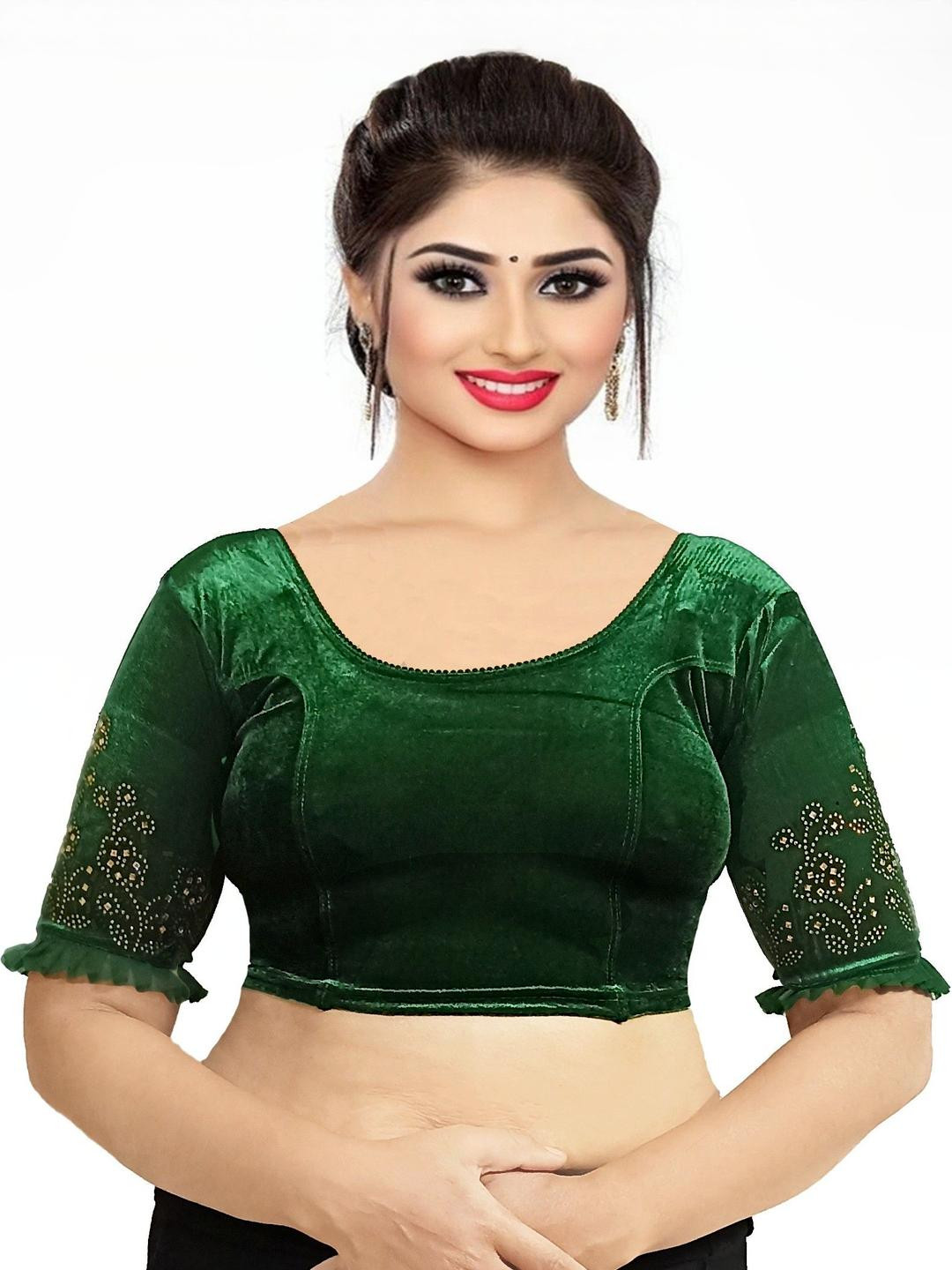 PU FASHION Women Green Embellished Round Nec Saree Blouse