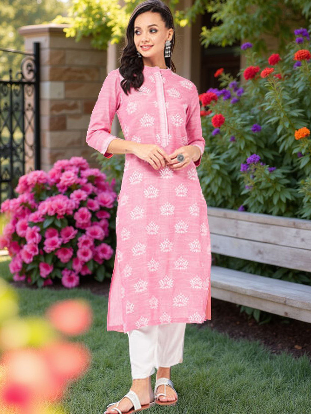 Pannkh Lotus Printed Mandarin Collar Cotton Straight Kurta