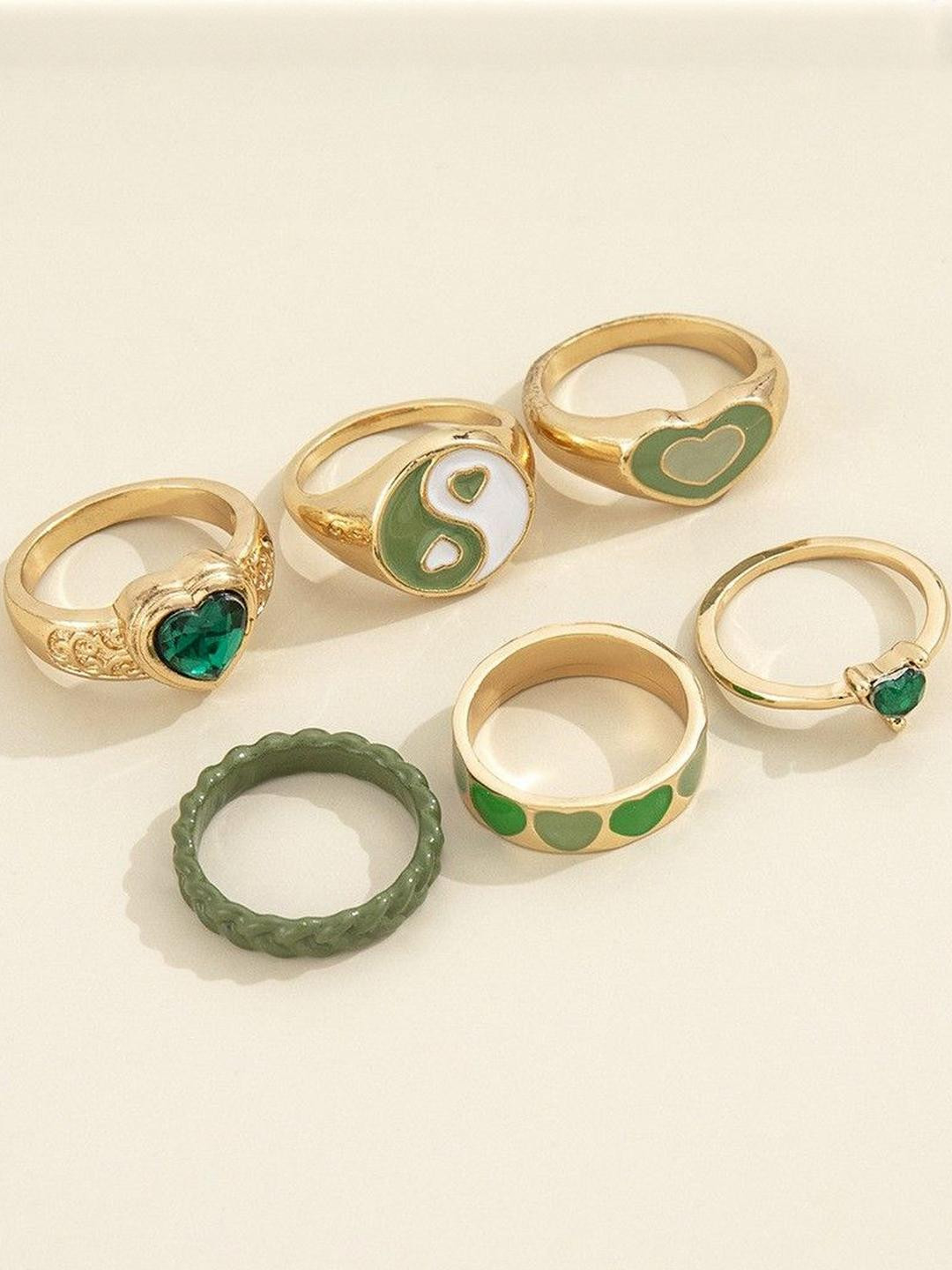 Arzonai 6Pcs Green Double Love Heart Metal Ring Set