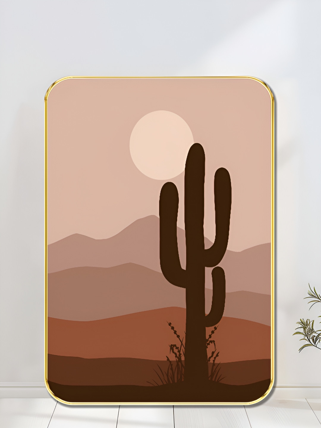 SAF Brown Desert Cactus With Sunset Landscape Wooden Wall Art