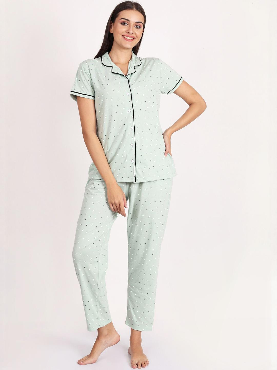 WOEMUR Women Sea Green Pure Cotton Night suits